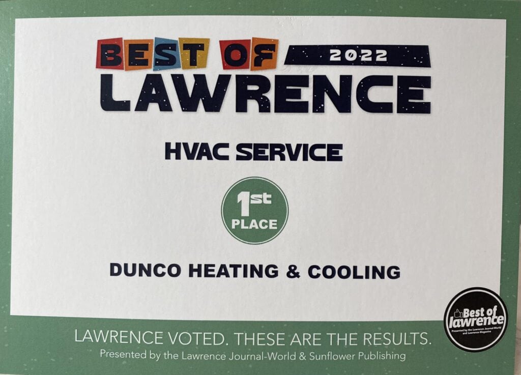 Best of Lawrence 2022 HVAC Service Awarded to Dunco Heating & Cooling