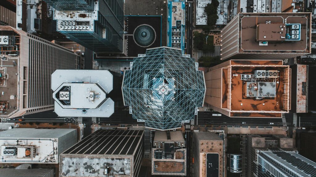 aerial view of commercial building rooftops